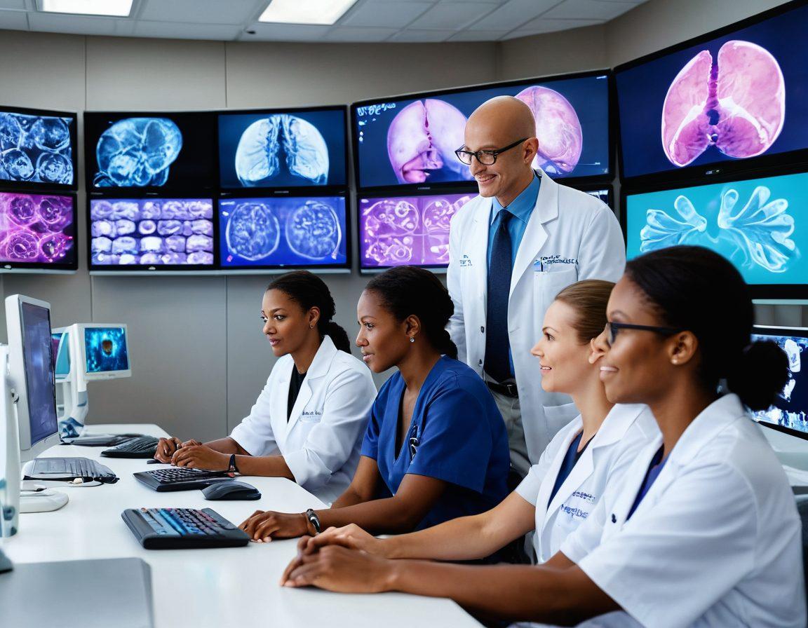A powerful illustration of a diverse group of patients and healthcare professionals collaborating in a modern oncology research lab, surrounded by advanced technology and vibrant displays of innovative cancer treatments. Bright, hopeful expressions on the patients' faces as they engage with 3D medical models and digital screens showcasing groundbreaking research findings. The atmosphere is filled with a sense of empowerment, innovation, and hope for the future of cancer care. super-realistic. vibrant colors. white background.