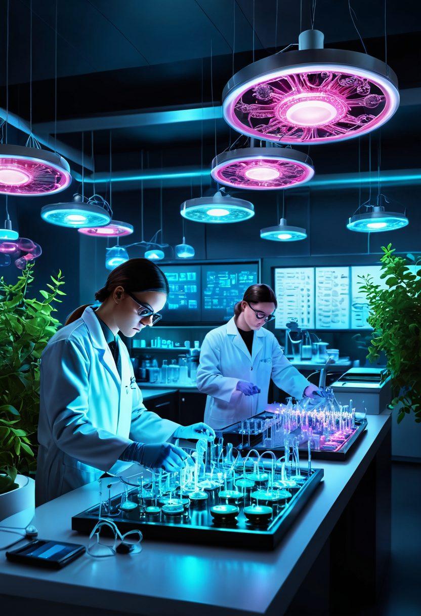 A serene landscape depicting a futuristic laboratory with scientists working on advanced cancer research. Showcase a blend of traditional and high-tech diagnostic tools, glowing Petri dishes, DNA strands, and laser technology in an open setting surrounded by greenery. Incorporate icons of hope, such as ribbons symbolizing awareness, merging with visual elements of innovation like light bulbs and gears. Make the atmosphere bright and optimistic, emphasizing collaboration in the fight against cancer. super-realistic. vibrant colors. digital art.